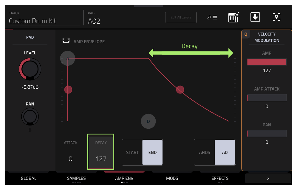 AMP ENV: DECAY увеличен, звук снейра становится короче