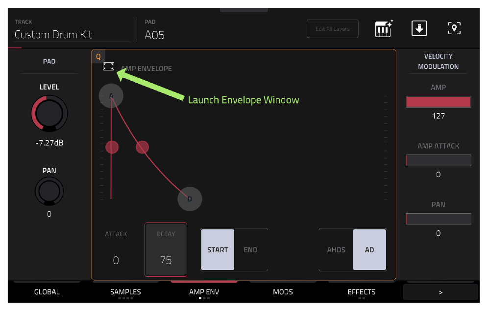 AMP ENV: DECAY 75 и иконка Launch Envelope Window