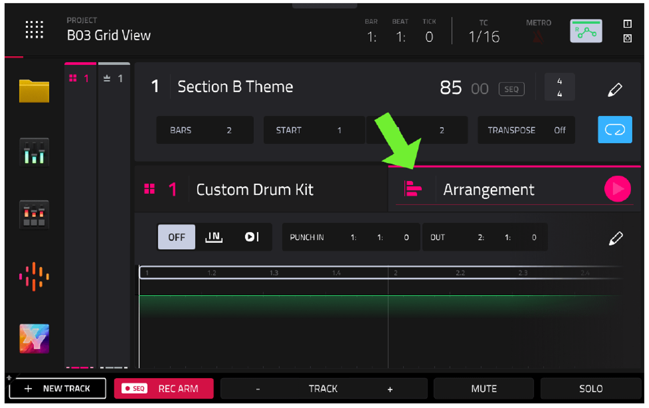 MAIN: вкладка Arrangement, пустая зелёная линия на треке Custom Drum Kit