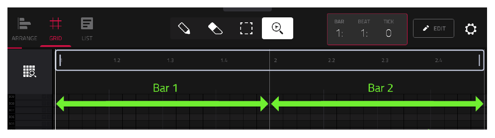 Шкала GRID VIEW: такт 1 и такт 2, счетчик BAR BEAT TICK