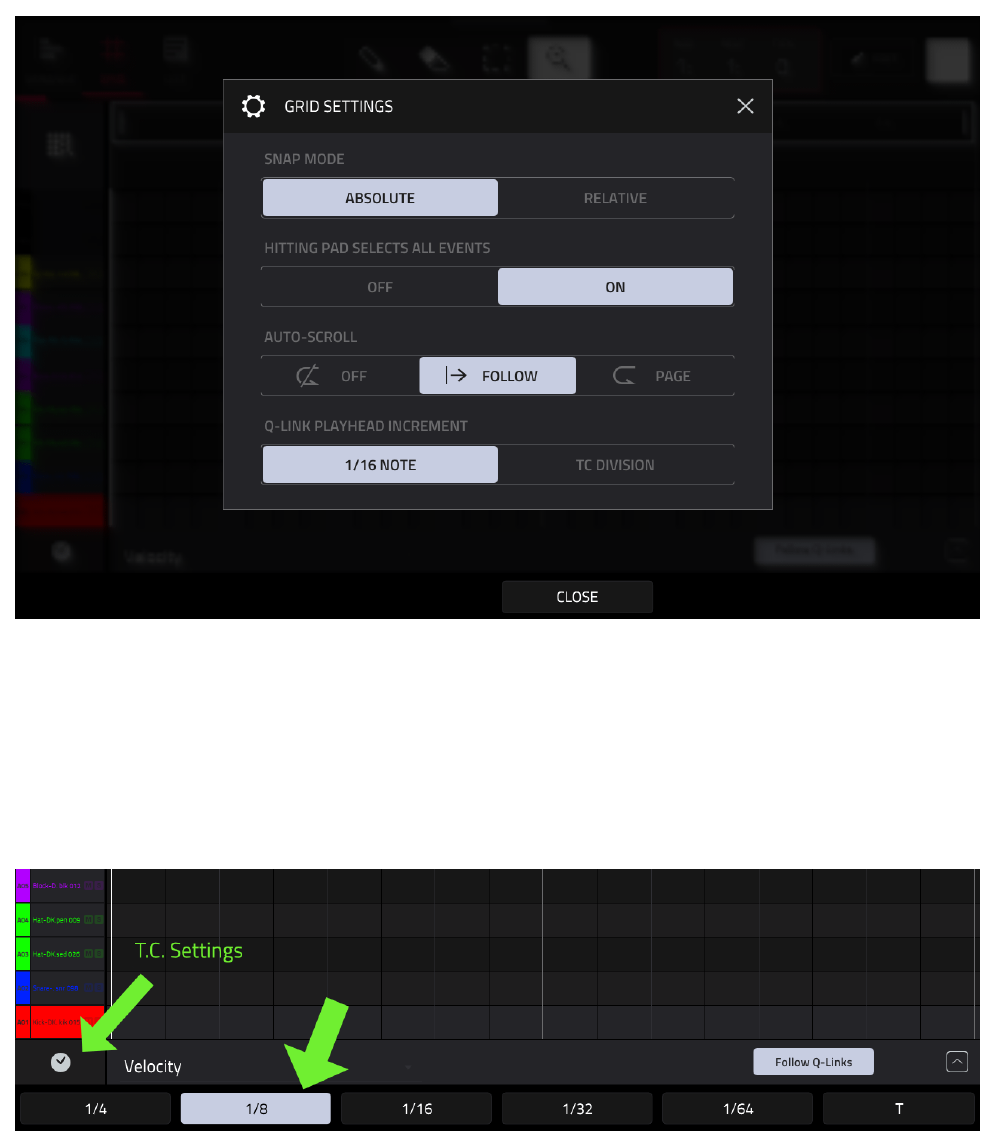 GRID SETTINGS и нижняя панель T.C.: выбрано 1/8
