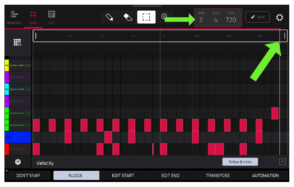 Курсор на счетчике BAR BEAT TICK, позиция для вставки