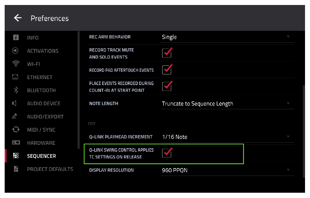 PREFERENCES > SEQUENCER: галочка Q-LINK SWING CONTROL APPLIES TC SETTINGS ON RELEASE
