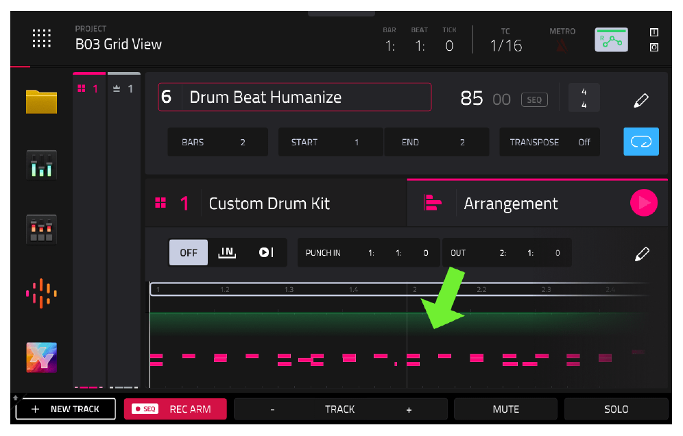 MAIN Arrangement: Sequence 6 Drum Beat Humanize, MIDI-события на зелёной дорожке