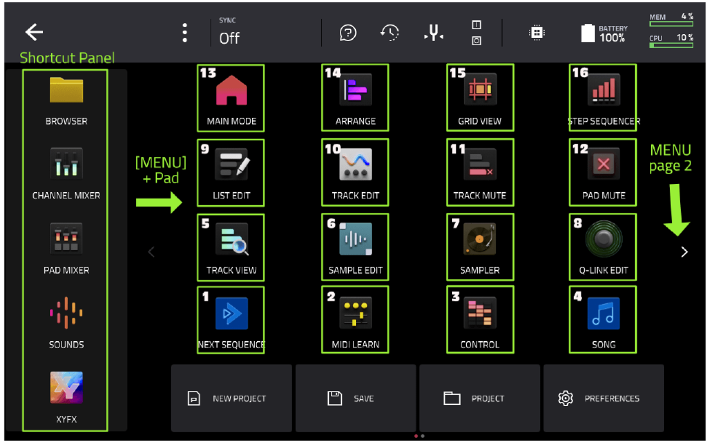 MENU: иконки соответствуют пэдам 1–16, Shortcut Panel слева