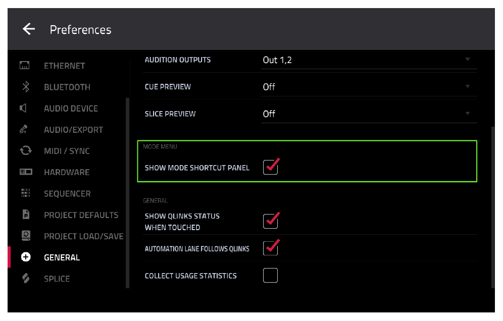 PREFERENCES > GENERAL: галочка SHOW MODE SHORTCUT PANEL