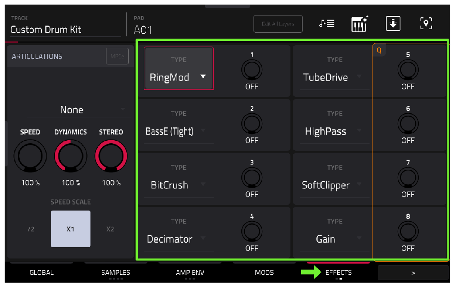 TRACK EDIT > EFFECTS: 8 слотов Drum FX на пэде A01
