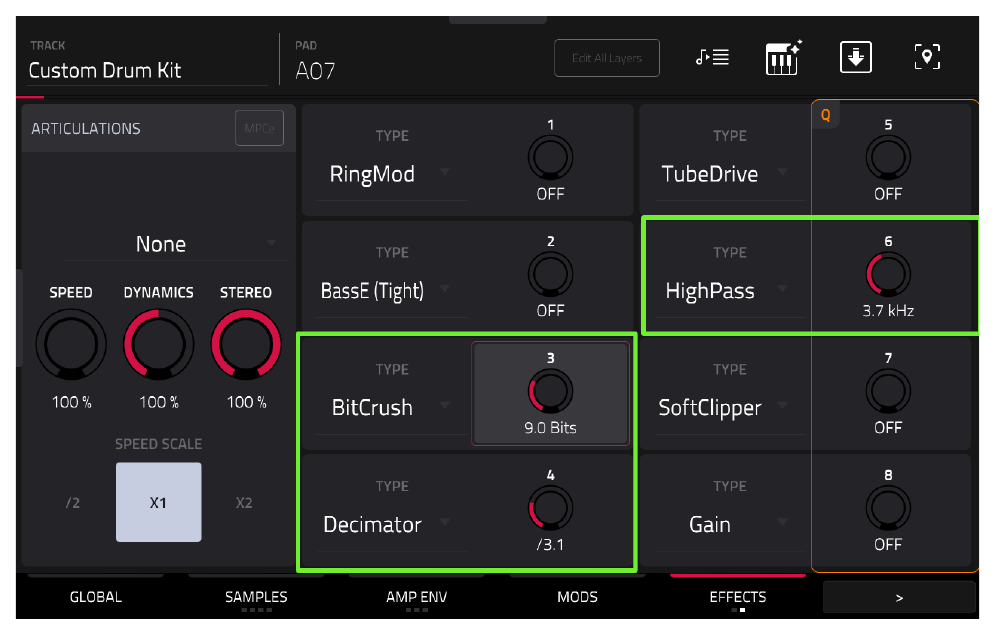 Пэд A07: HighPass 3.7 kHz, Decimator 3.1, BitCrush 9.0 Bits