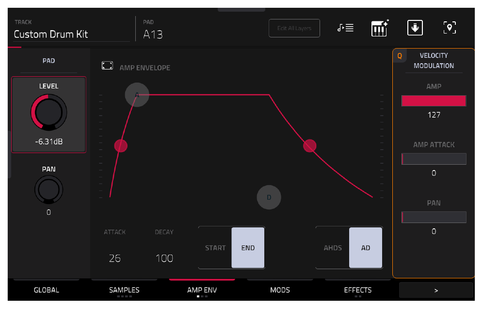 AMP ENV пэда A13: LEVEL −6.31 dB, увеличенный ATTACK