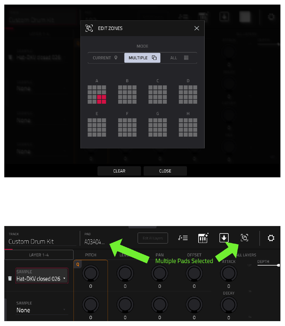 EDIT ZONES MULTIPLE и заголовок MULTIPLE PADS