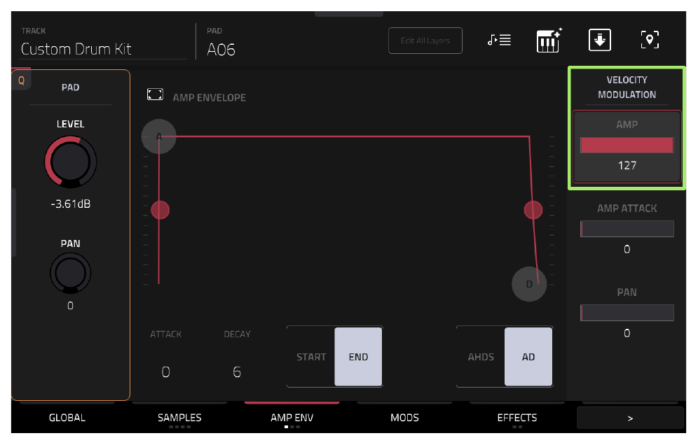 AMP ENV пэда A06: VELOCITY MODULATION, AMP 127