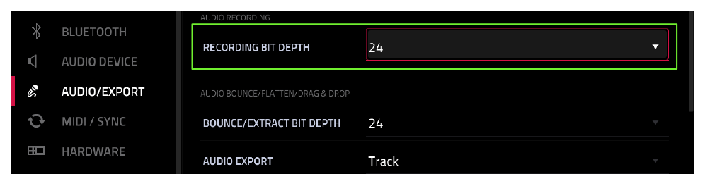 PREFERENCES > AUDIO/EXPORT: RECORDING BIT DEPTH 24