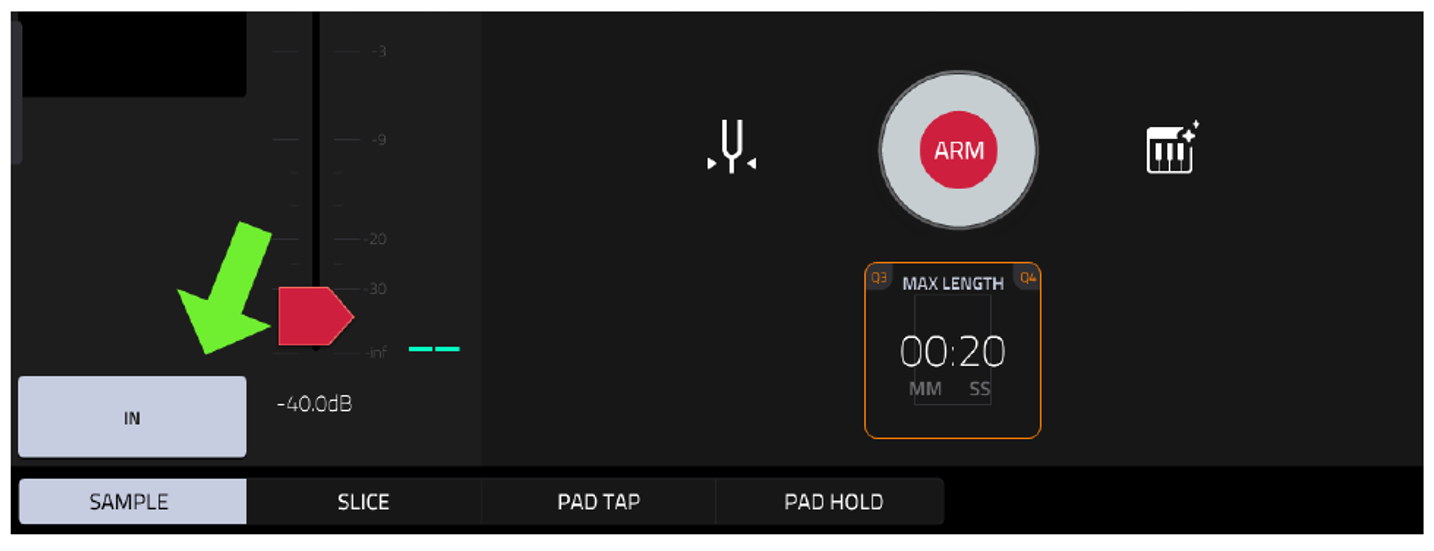 SAMPLER: кнопка MONITOR переключена на IN