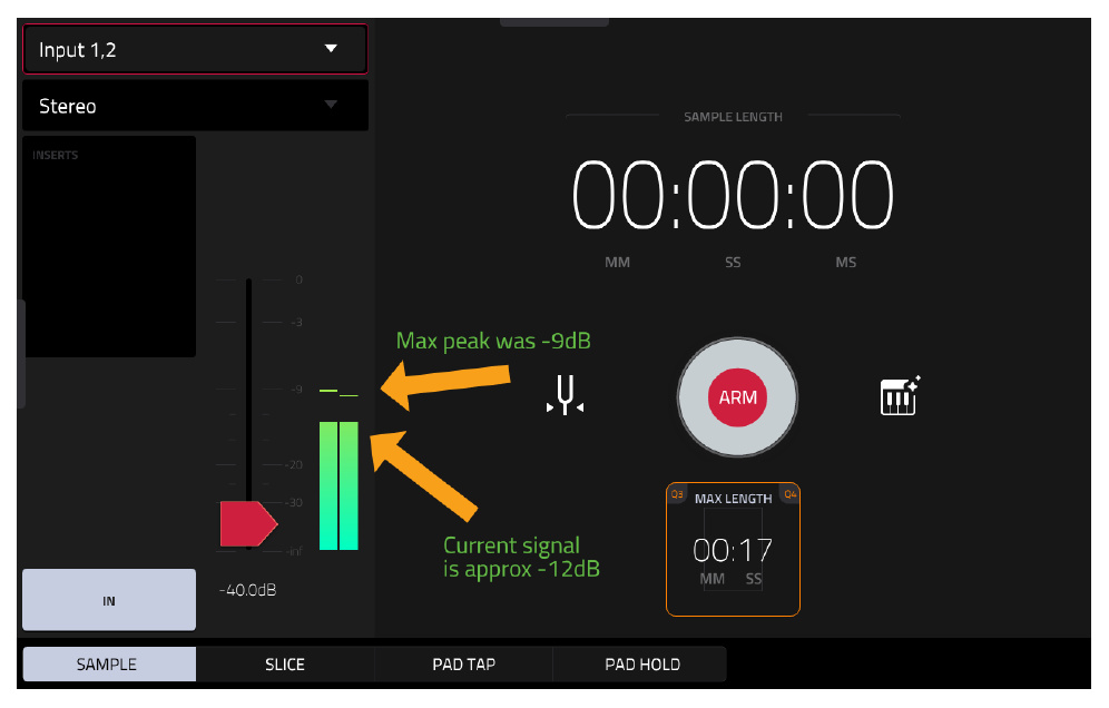 SAMPLER: текущий сигнал около −12 dB, пик −9 dB