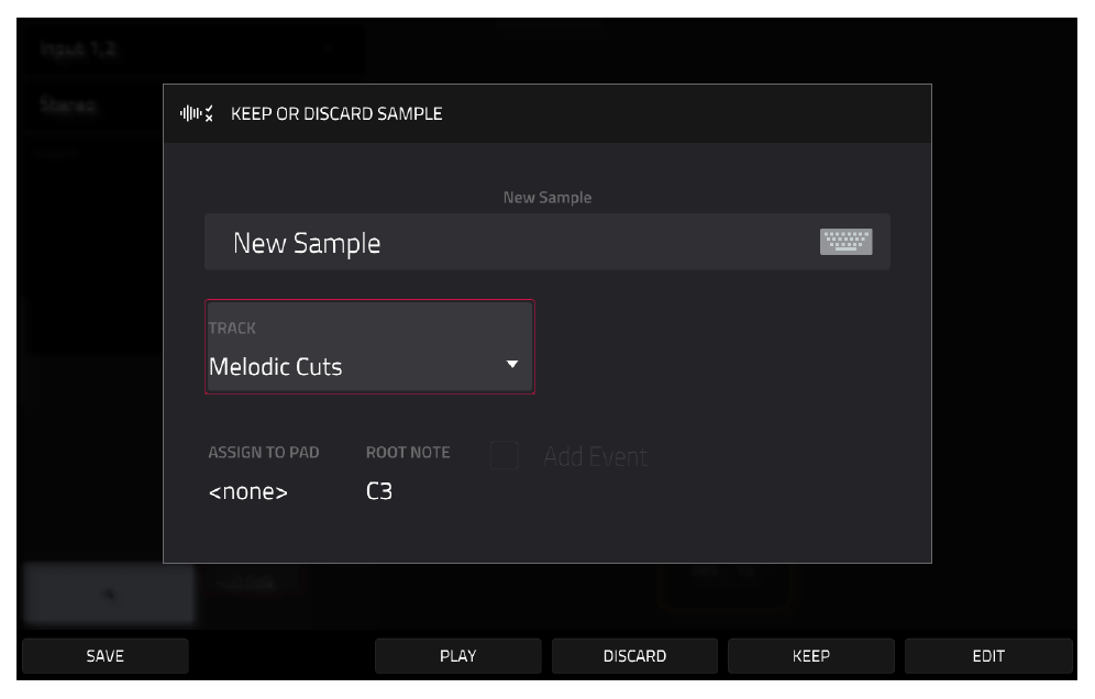 Окно KEEP OR DISCARD SAMPLE: New Sample, PLAY, DISCARD, KEEP