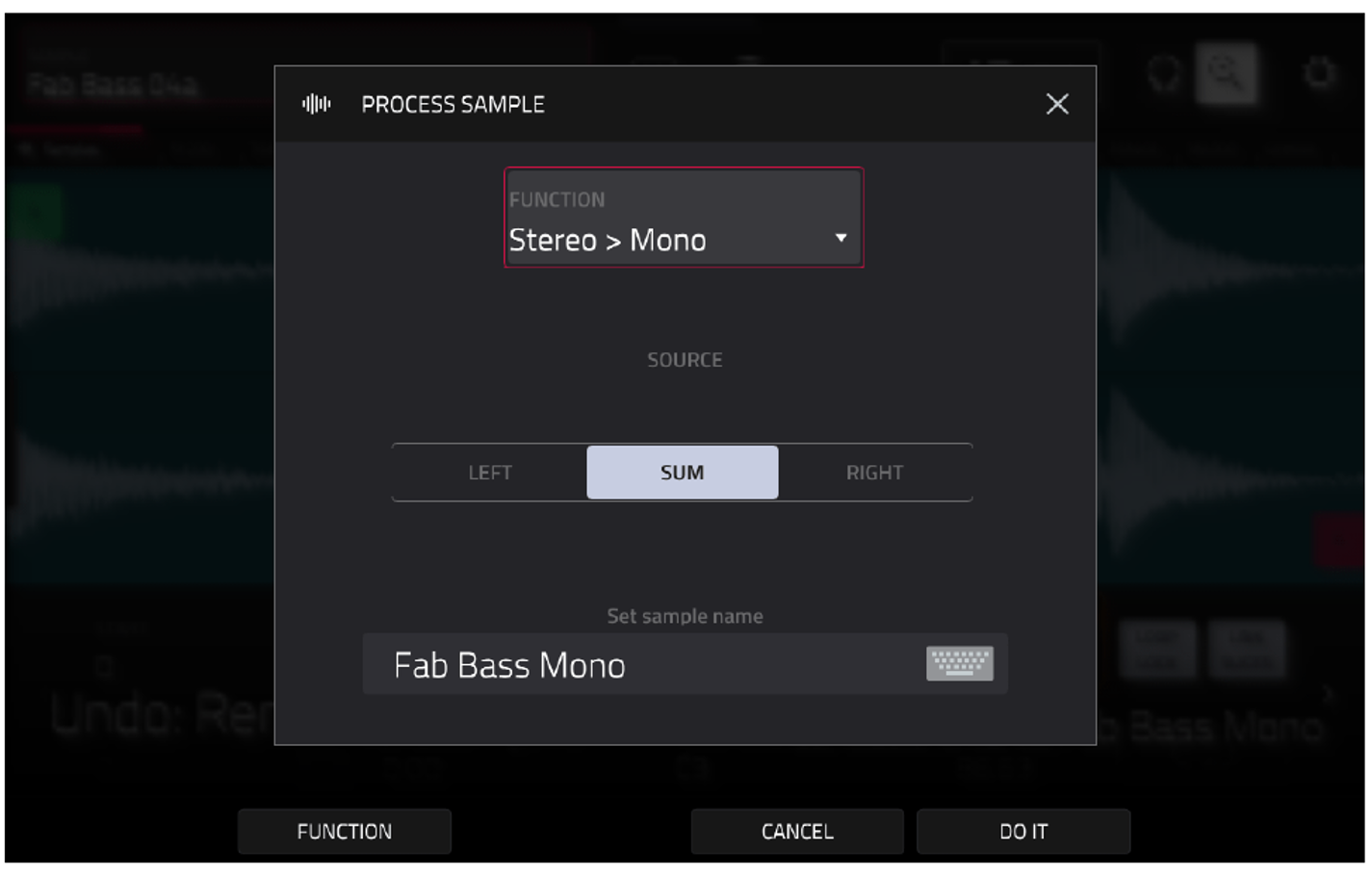 PROCESS SAMPLE: Stereo > Mono, SOURCE SUM, Fab Bass Mono