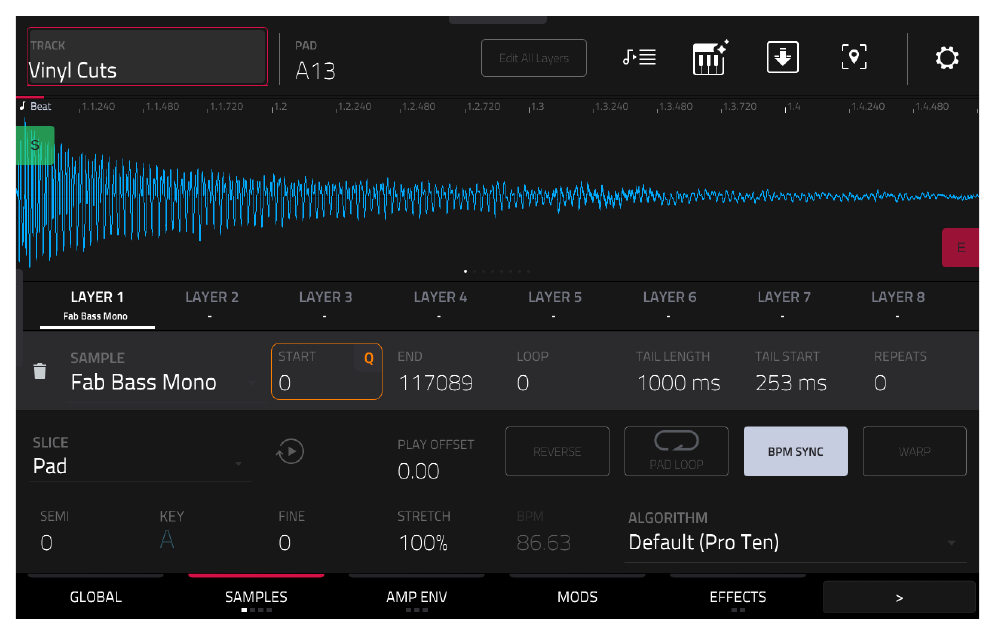TRACK EDIT > SAMPLES: пэд A13, Fab Bass Mono