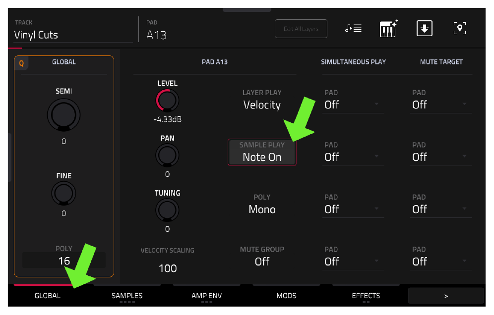 GLOBAL пэда A13: SAMPLE PLAY Note On