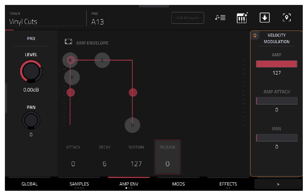 AMP ENV пэда A13: ADSR, RELEASE 0