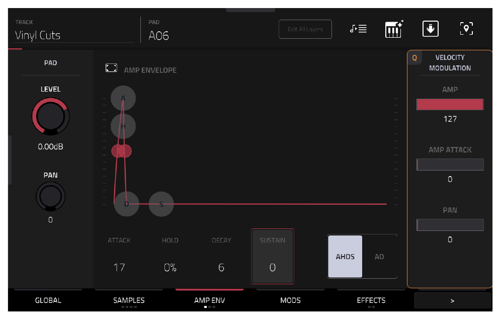 AMP ENV: ATTACK 17, SUSTAIN 0, AHDS