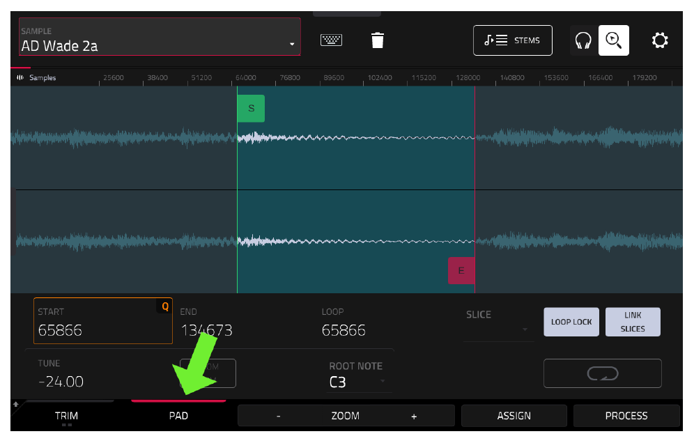 SAMPLE EDIT: вкладка PAD, AD Wade 2a, START 65866