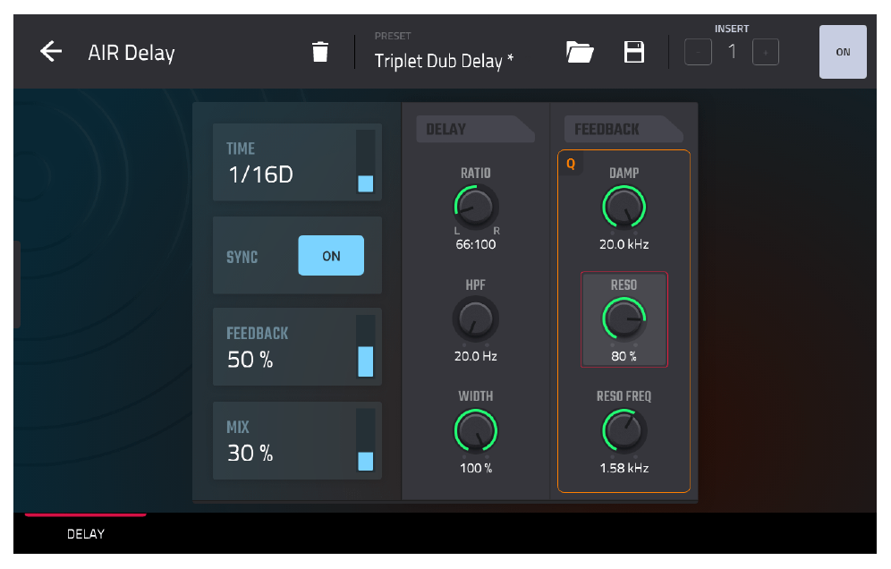 AIR Delay: Triplet Dub Delay, MIX 30%, FEEDBACK 50%