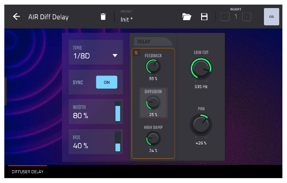 AIR Diff Delay: WIDTH 80%, MIX 40%, DIFFUSION 25%