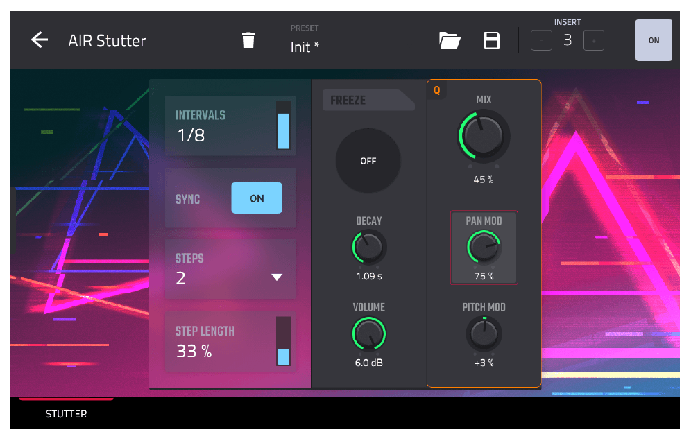 AIR Stutter: MIX 45%, STEP LENGTH 33%, PAN MOD 75%