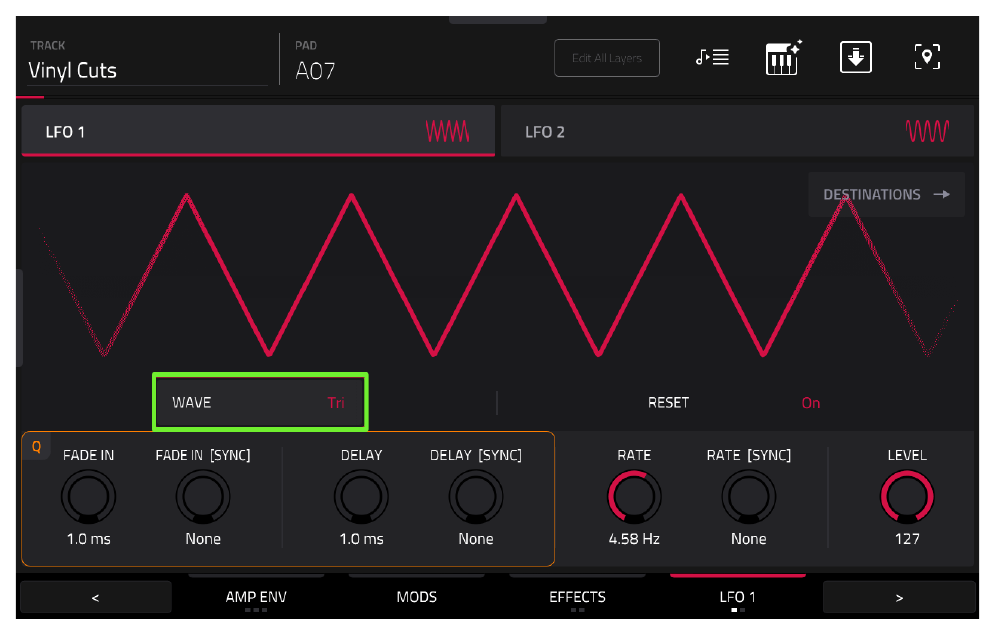 LFO 1: WAVE Tri, RATE 4.58 Hz