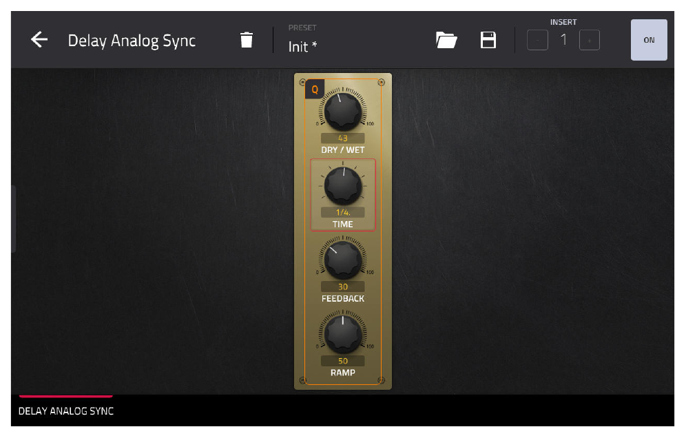 Delay Analog Sync: DRY/WET 43, TIME 1/4, FEEDBACK 30