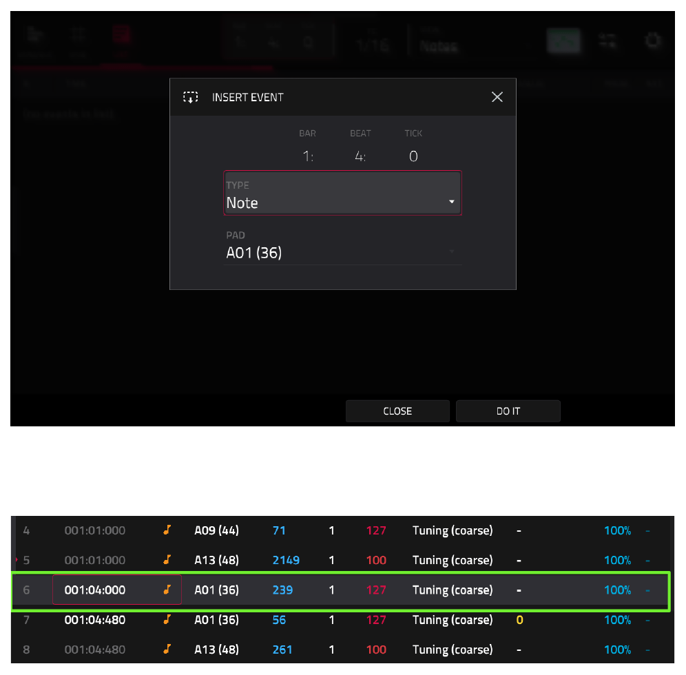 INSERT EVENT: Note A01 на 1:4:0 и новая строка в списке