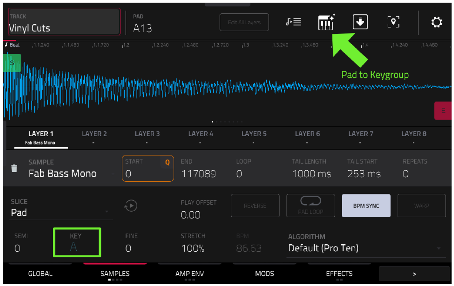 TRACK EDIT пэда A13: KEY A и иконка Pad to Keygroup