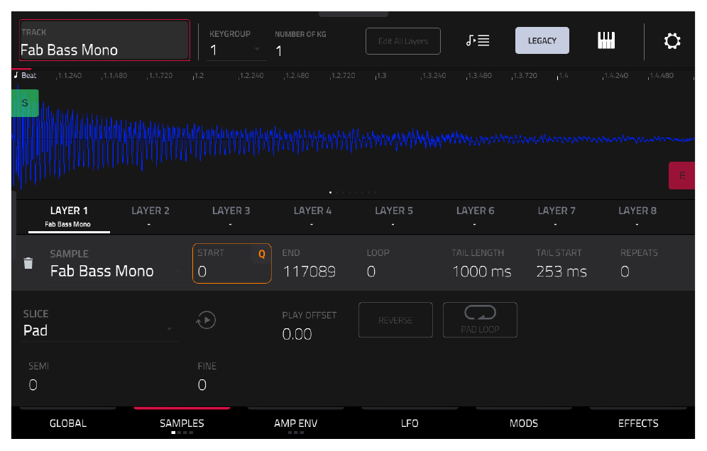 TRACK EDIT после Pad to Keygroup: KEYGROUP 1, NUMBER OF KG 1