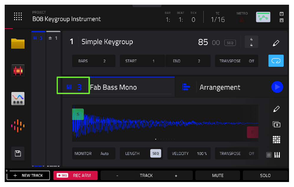MAIN: трек 3 Fab Bass Mono, тип KEYGROUP
