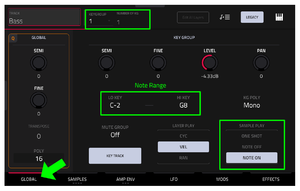 TRACK EDIT GLOBAL: KEYGROUP 1, LO KEY C-2, HI KEY G8, SAMPLE PLAY NOTE ON