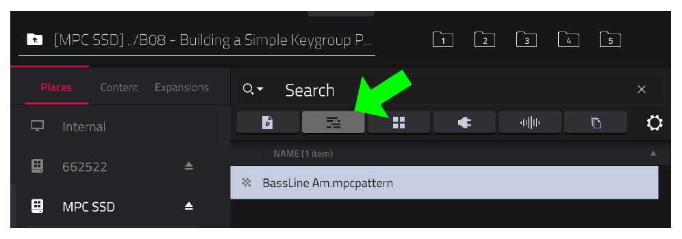 Браузер: фильтр MIDI и файл BassLine Am.mpcpattern