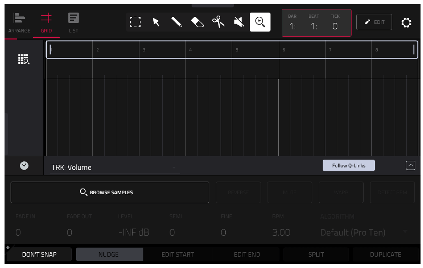 GRID VIEW / Edit Audio: пустой трек и BROWSE SAMPLES