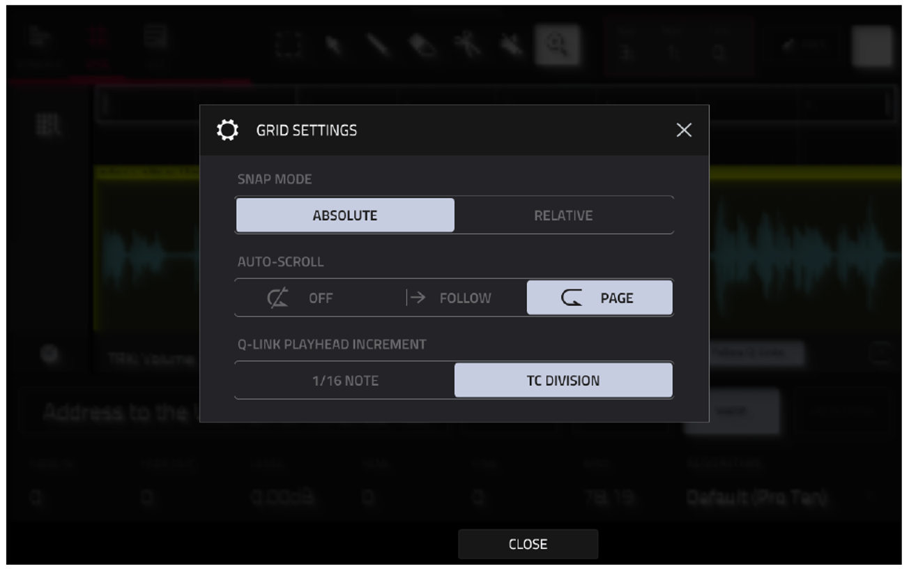 GRID SETTINGS: AUTO-SCROLL PAGE, Q-LINK PLAYHEAD INCREMENT TC DIVISION