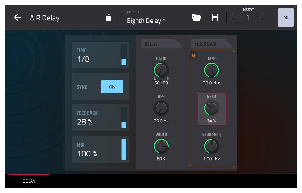 AIR Delay: пресет Eighth Delay, MIX 100%