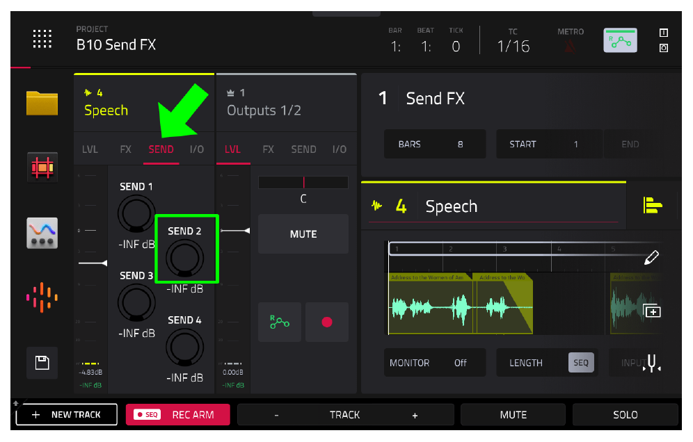 XL Channel Strips: вкладка SEND, SEND 2 на треке Speech