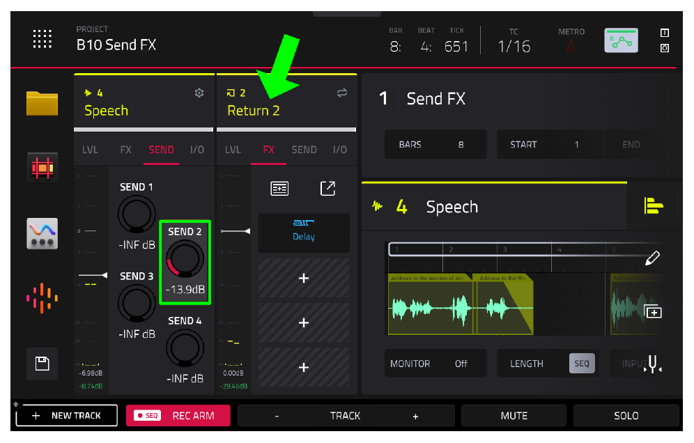 SEND 2 −13.9 dB, правая полоса Return 2 FX AIR Delay