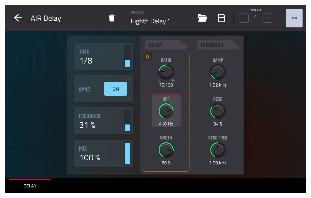 AIR Delay: RATIO 75:100, HPF 410 Hz