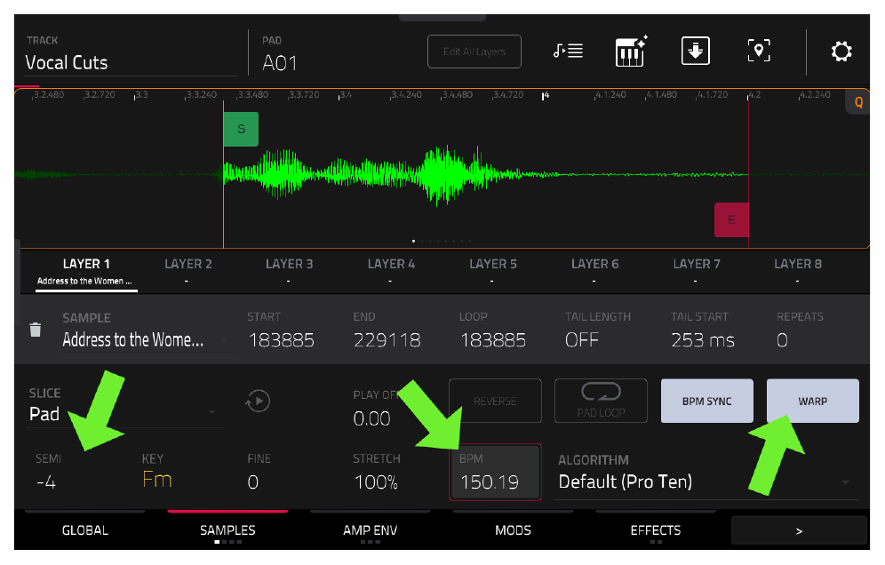 TRACK EDIT A01: WARP, BPM 150.19, SEMI −4