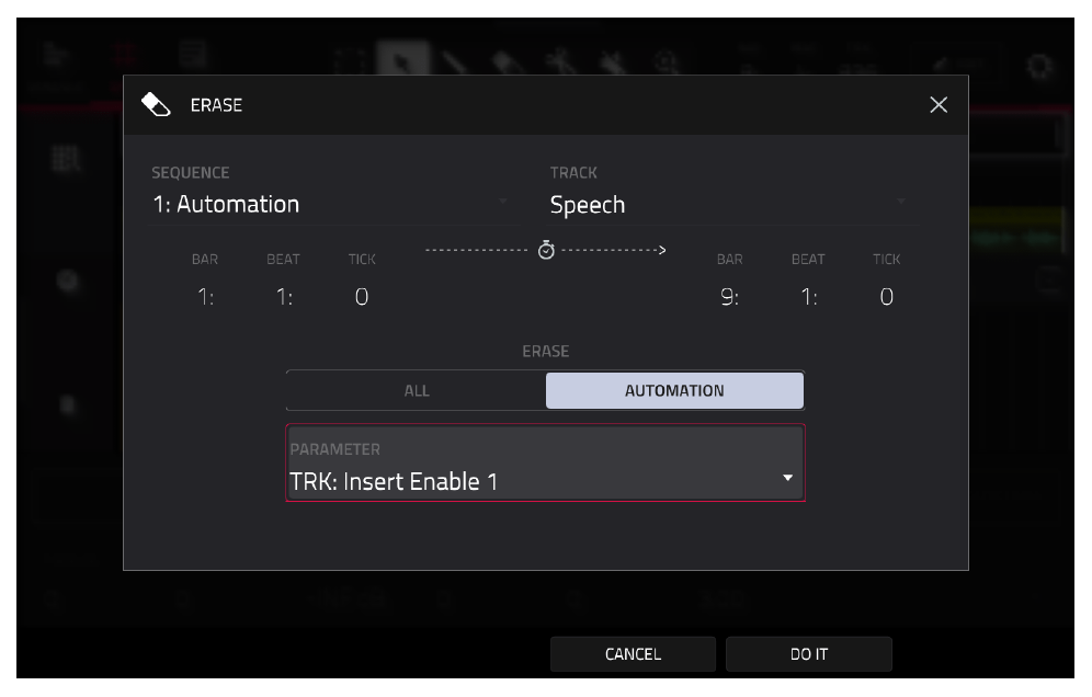 ERASE: вкладка AUTOMATION, параметр TRK Insert Enable 1