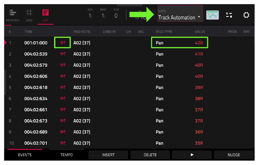 LIST EDIT: Track Automation, MOD TYPE PAN
