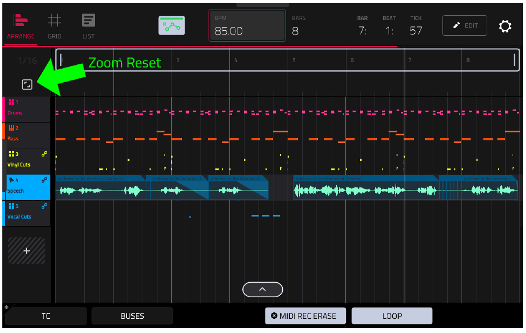 Arranger: кнопка Zoom Reset, Speech того же цвета, что Vocal Cuts