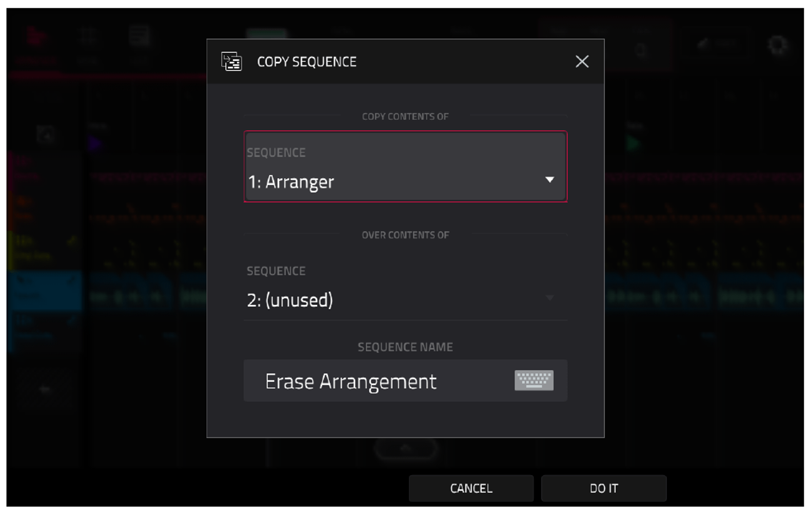 COPY SEQUENCE: секвенция 1 в 2, имя Erase Arrangement