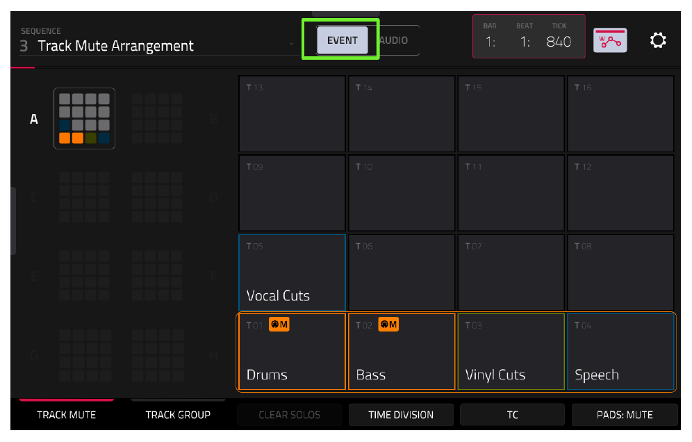 TRACK MUTE: секвенция Track Mute Arrangement, режим EVENT