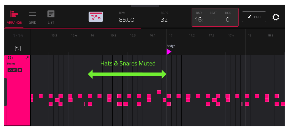 Arranger: в 16-м такте хэты и снейры приглушены, ноты на месте