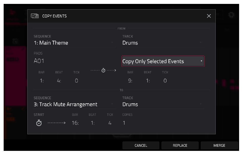 COPY EVENTS: A01 из Main Theme в Track Mute Arrangement на 16:1:4